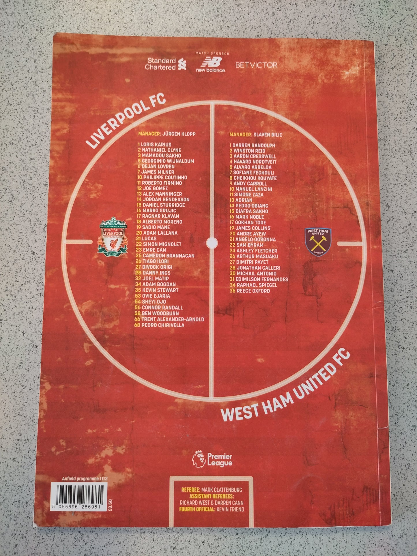Liverpool vs West Ham match programme 2016 signed Alan Kennedy