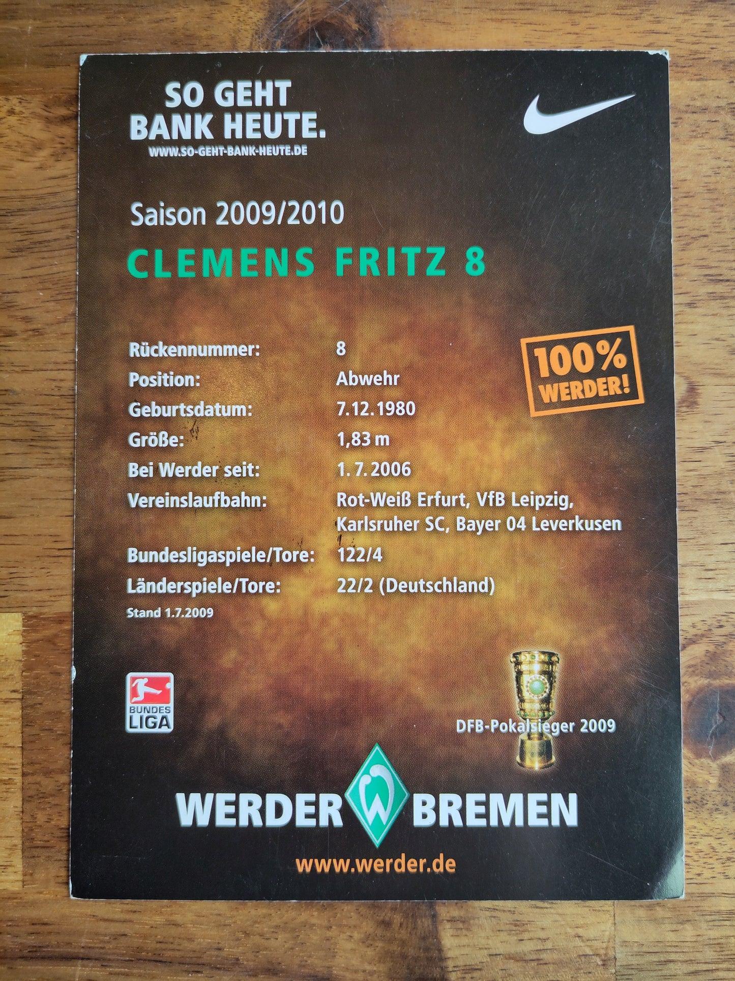 Werder Bremen autografkort signert Clemens Fritz