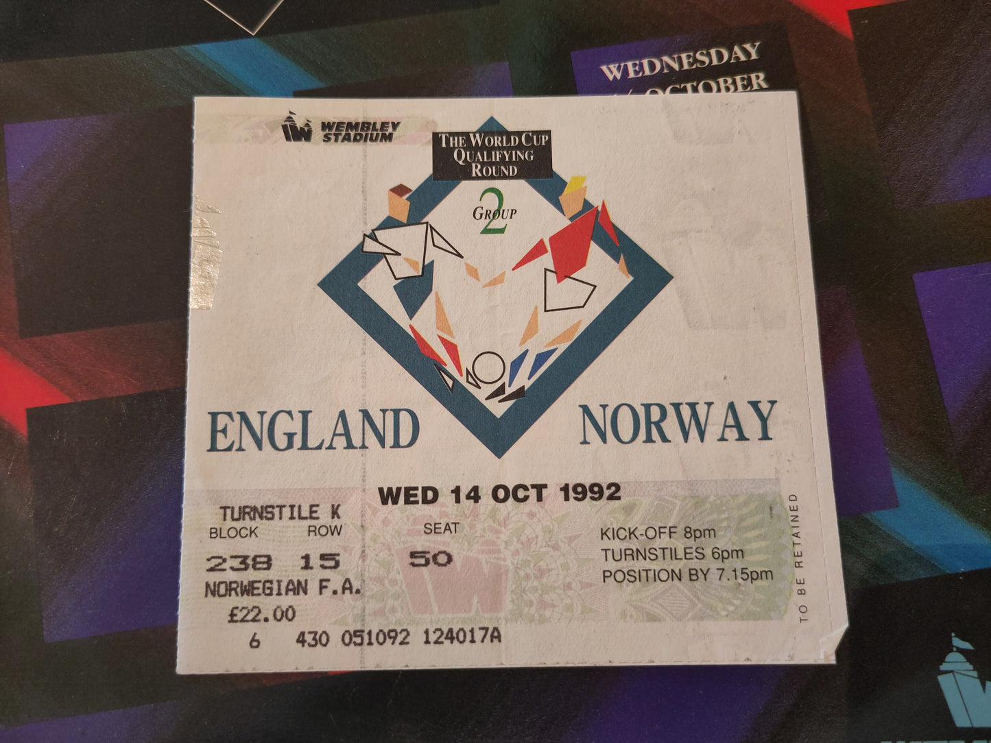 Kampprogram: England - Norge 1992 m/ kampbillett