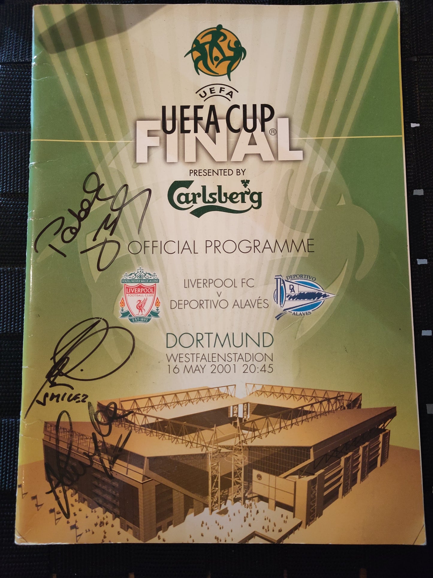 Kampprogram: Liverpool - Alaves UEFA Cup Final 2000-01 signert Vladimir Smicer & Patrik Berger