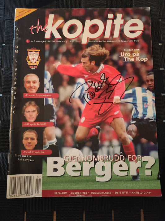 Liverpool medlemsblad Kopite 7/97 signert Patrik Berger