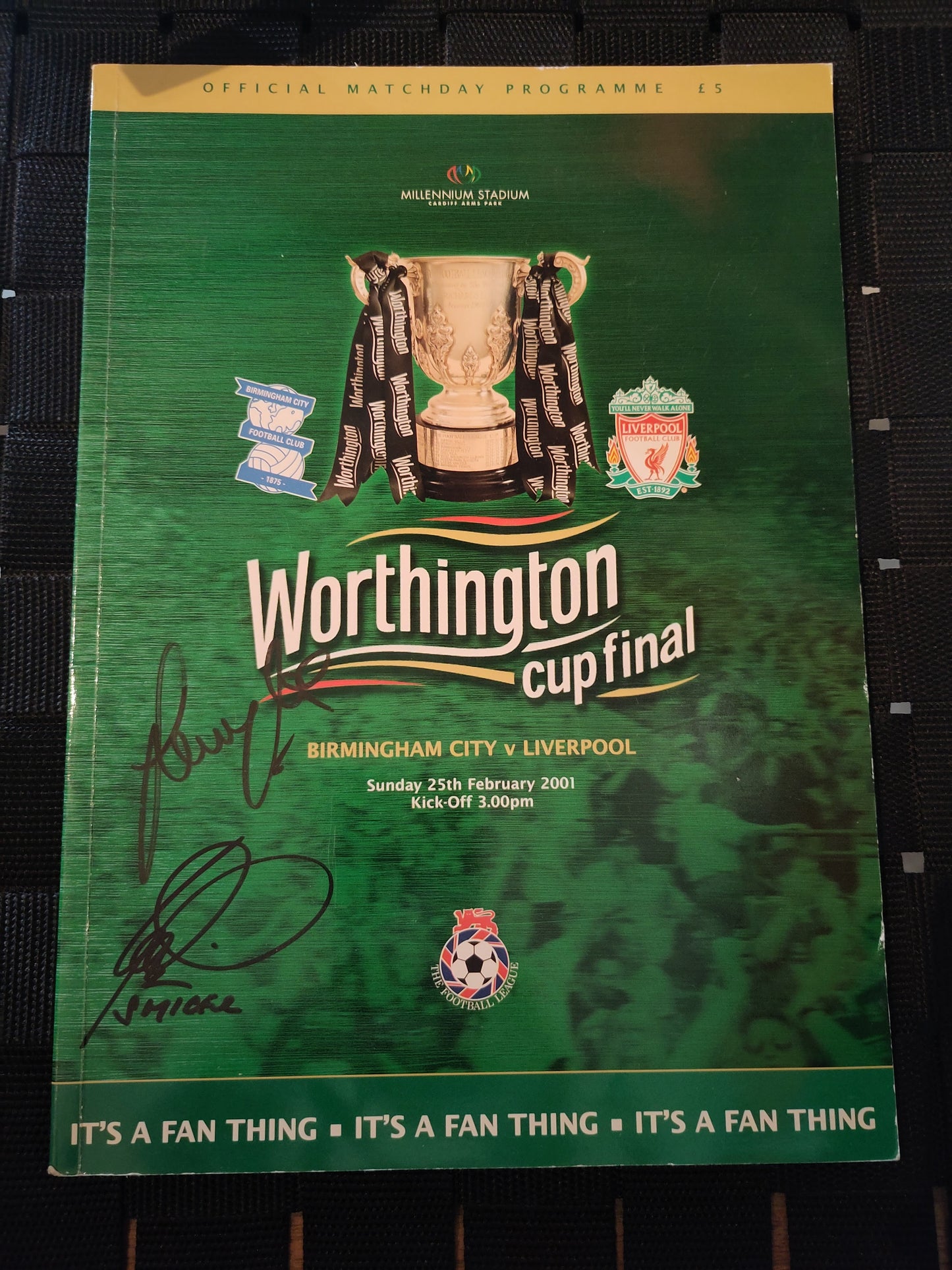 Kampprogram: Birmingham - Liverpool League Cup Final 2000-01 signert Vladimir Smicer & Sammy Lee